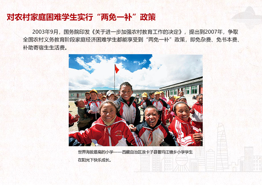 對(duì)農(nóng)村家庭困難學(xué)生實(shí)行“兩免一補(bǔ)”政策